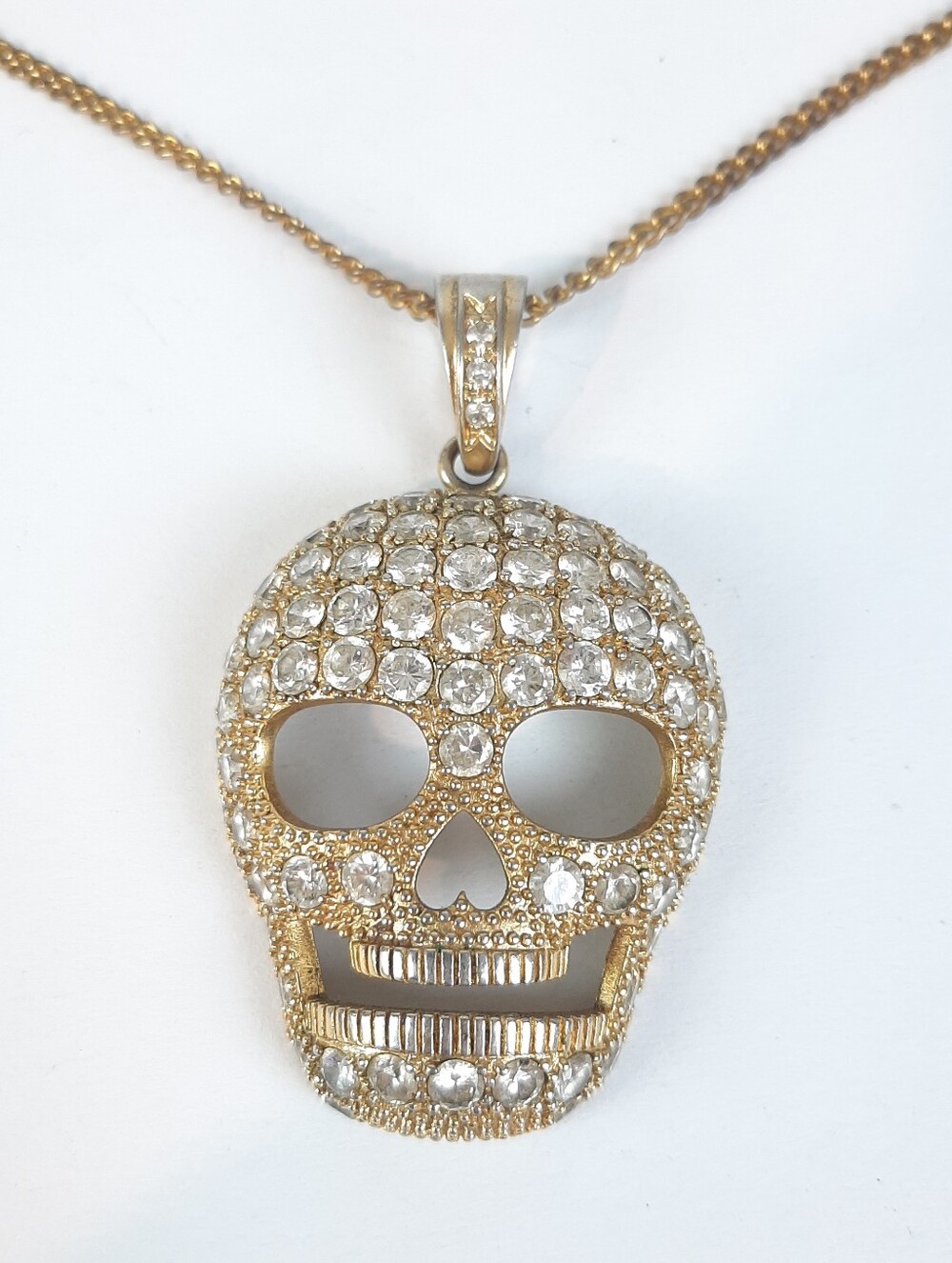 Blingy Gold Tone Skull With Clear Rhinestones Pendant Necklace Stamped AJS